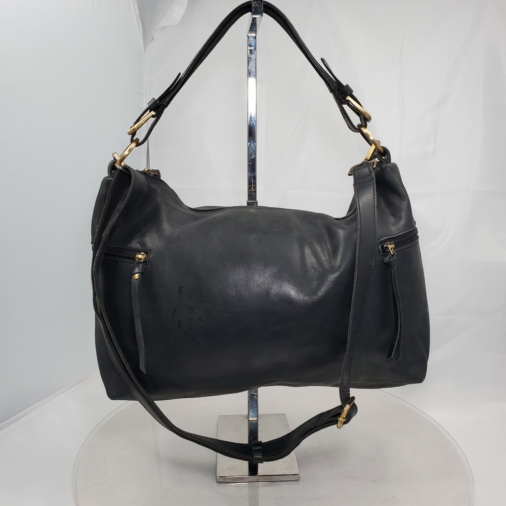 Black Leather Large Hobo Shoulder Bag Zip Pockets Adjustable Strap Crossbdy